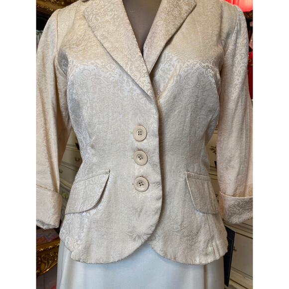 vintage y2k cream brocade fitted suit jacket s/m wedding formal rehearsal dinner - Picture 2 of 7
